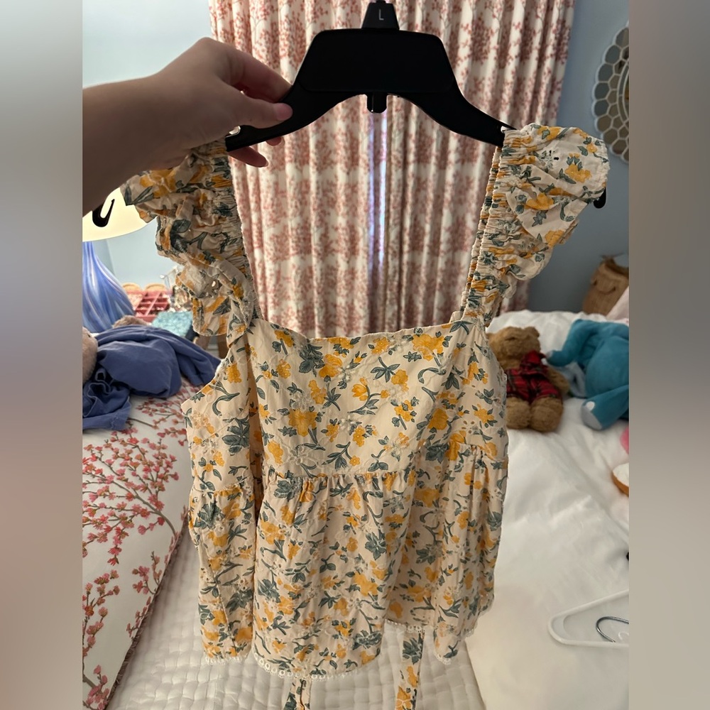 Floral Ruffle Sleeve Blouse - Yellow and Green
